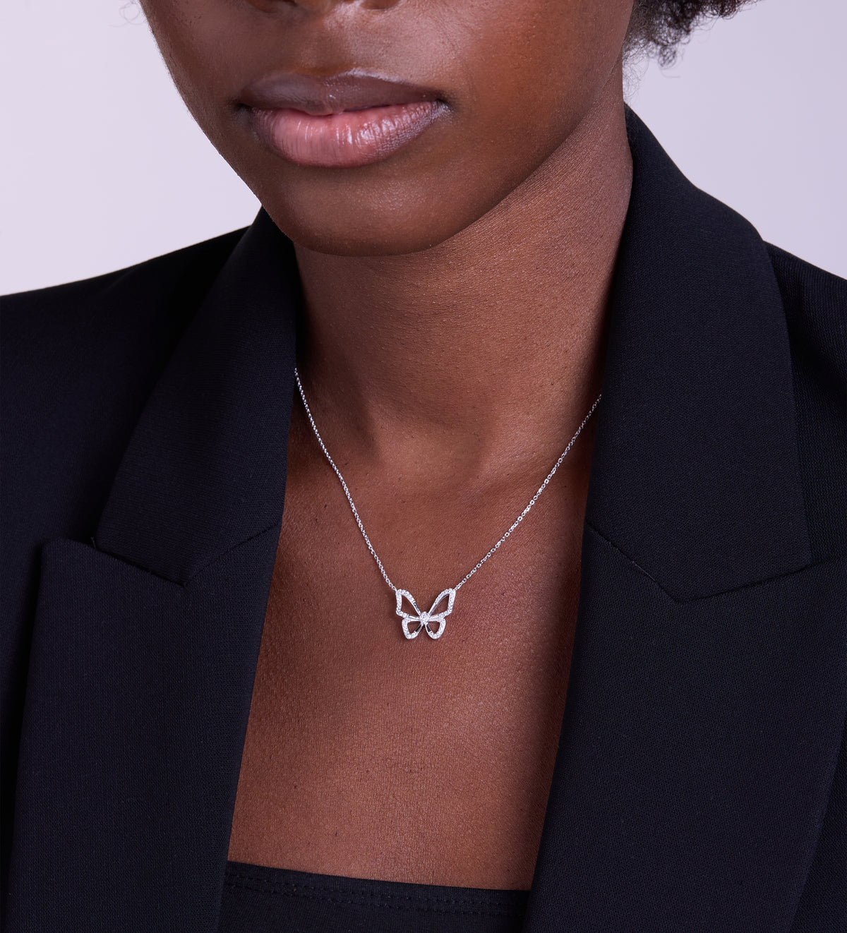 Pave Butterfly Silhouette Necklace in Rhodium Plating on 925 Silver - Ash & Harry
