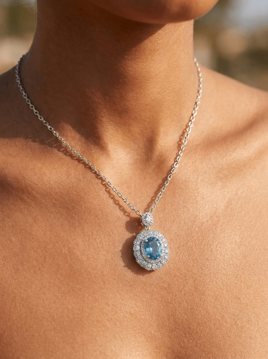 Aquamarine Halo Full Set in Silver - 2 Items - Ash & Harry