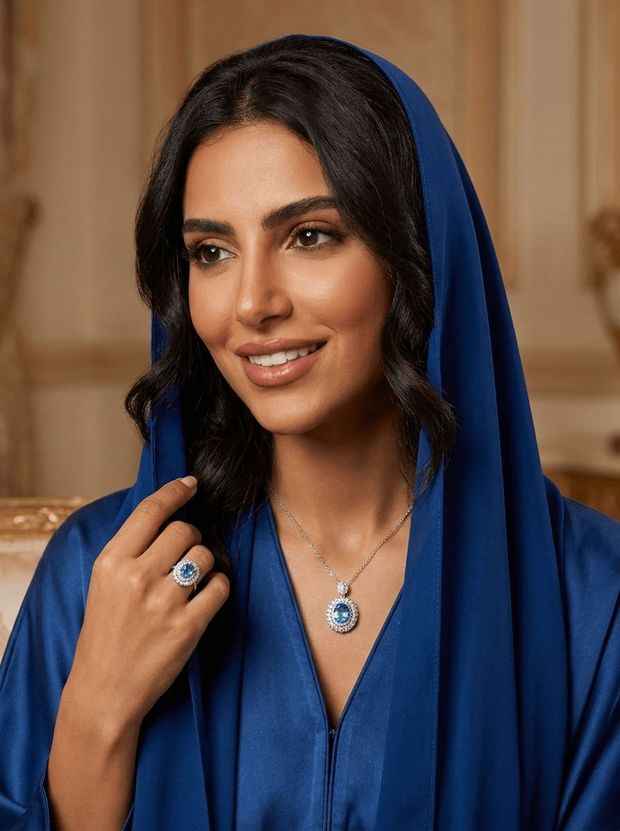 Aquamarine Halo Full Set in Silver - 2 Items - Ash & Harry