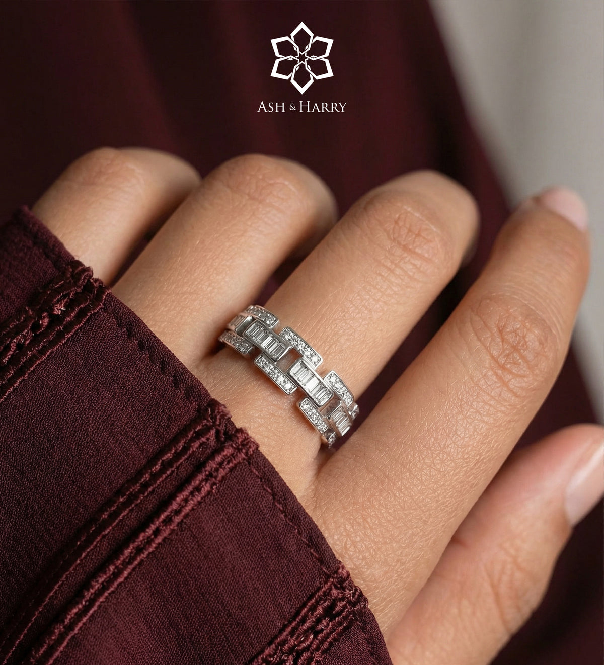 Block Chain Ring In 925 Silver High Quality Simulated Diamonds - Ash & Harry