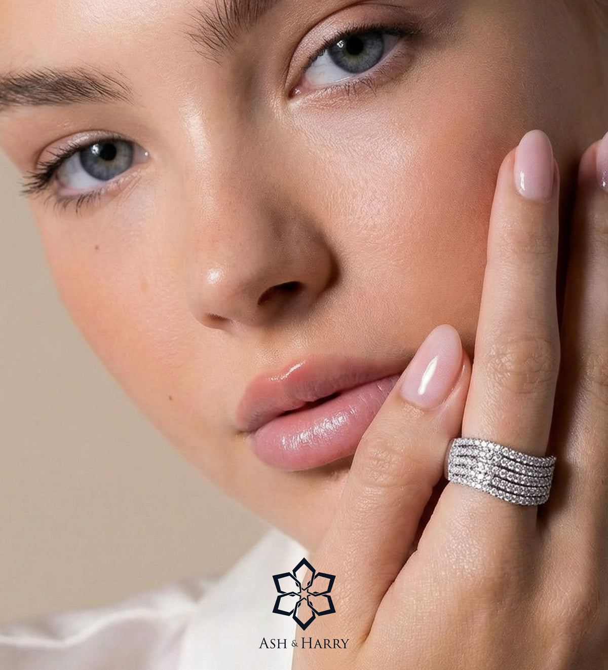 Crescent Wave Ring in 925 Silver with High - Quality White Simulated Diamonds - Ash & Harry