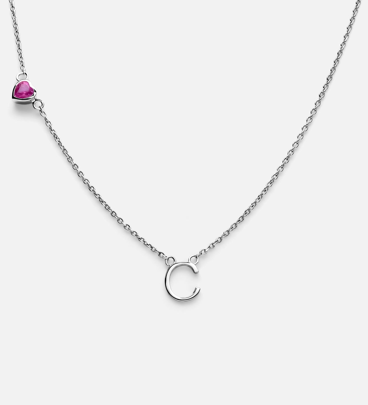 Eden Initial Necklace With 0.2ct Heart Shaped Lab Crafted Gemstone in Rhodium Plating on 925 Silver - Ash & Harry