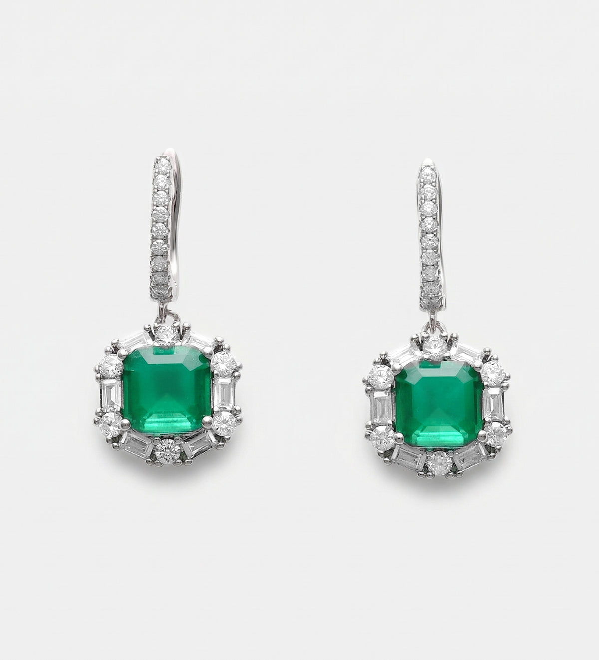 Emerald Halo Drop Earrings in Rhodium Plating on 925 Silver - Ash & Harry