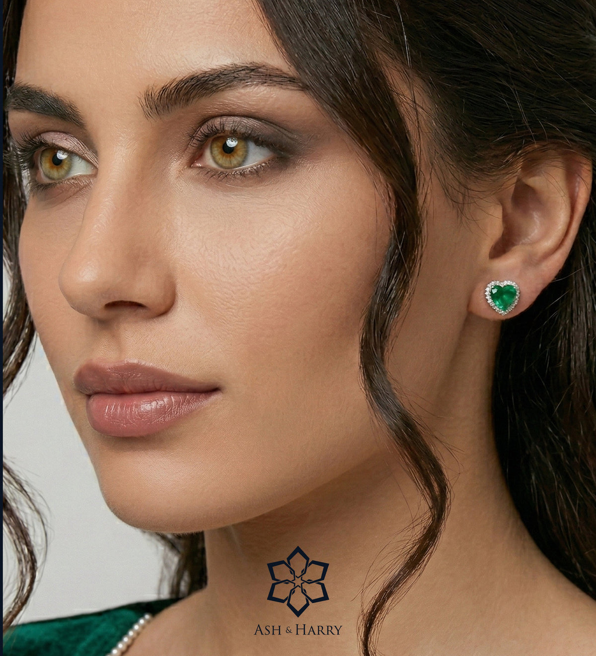 Emerald Heart Majesty Studs in 925 Silver High Quality Simulated Diamonds and Crafted Heart - Shaped Emerald Stones - Ash & Harry