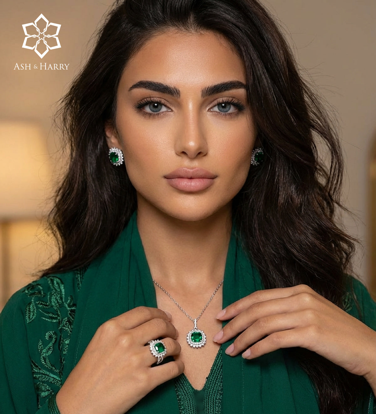 Imperial Emerald Crown Full Set in 925 Silver High Quality Simulated Diamonds and Crafted Emerald Stones - 3 Items - Ash & Harry
