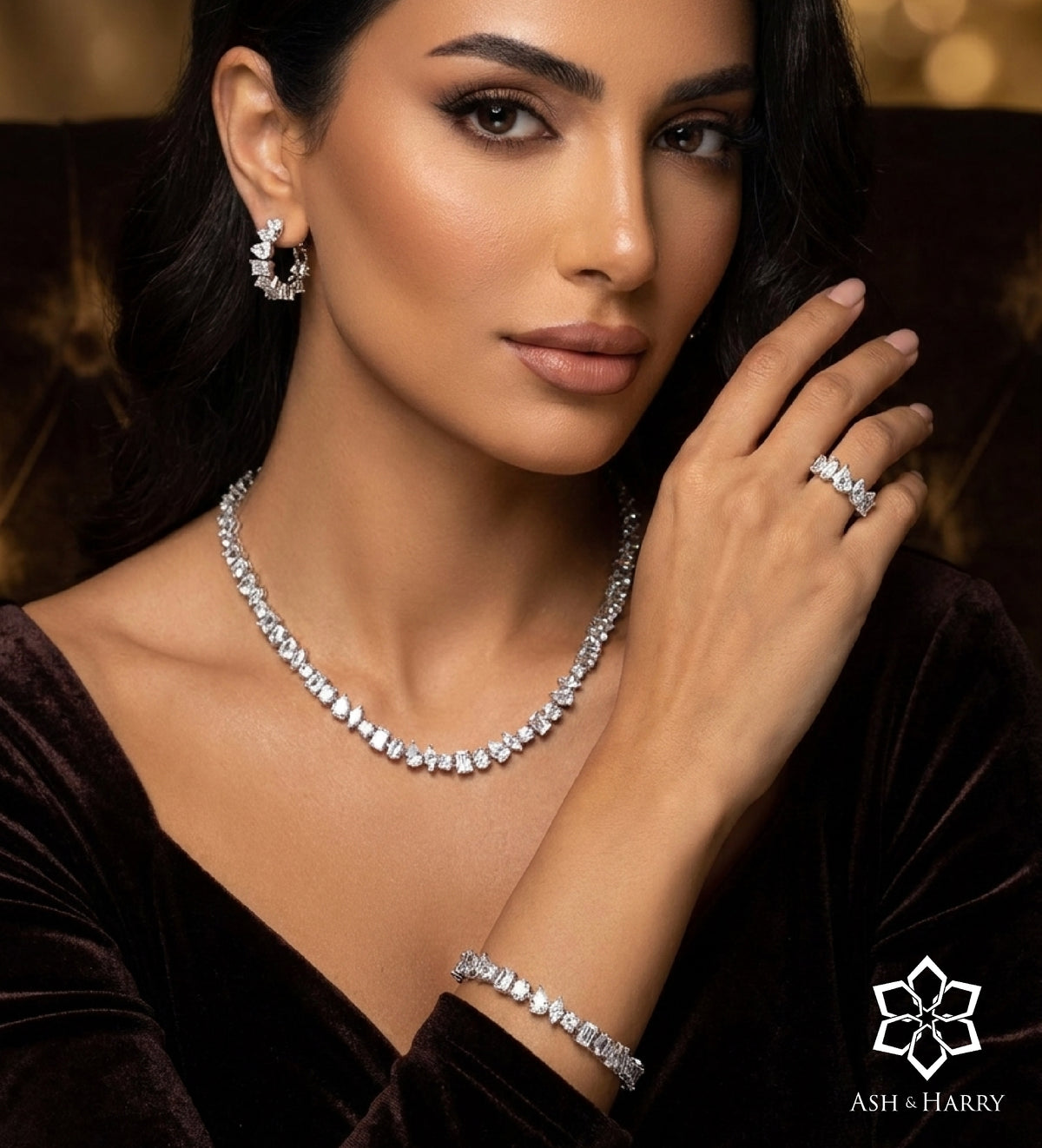 Laleh White Luxury Bridal Full Set with High Quality Simulated Stones Rhodium Plated - Ash & Harry