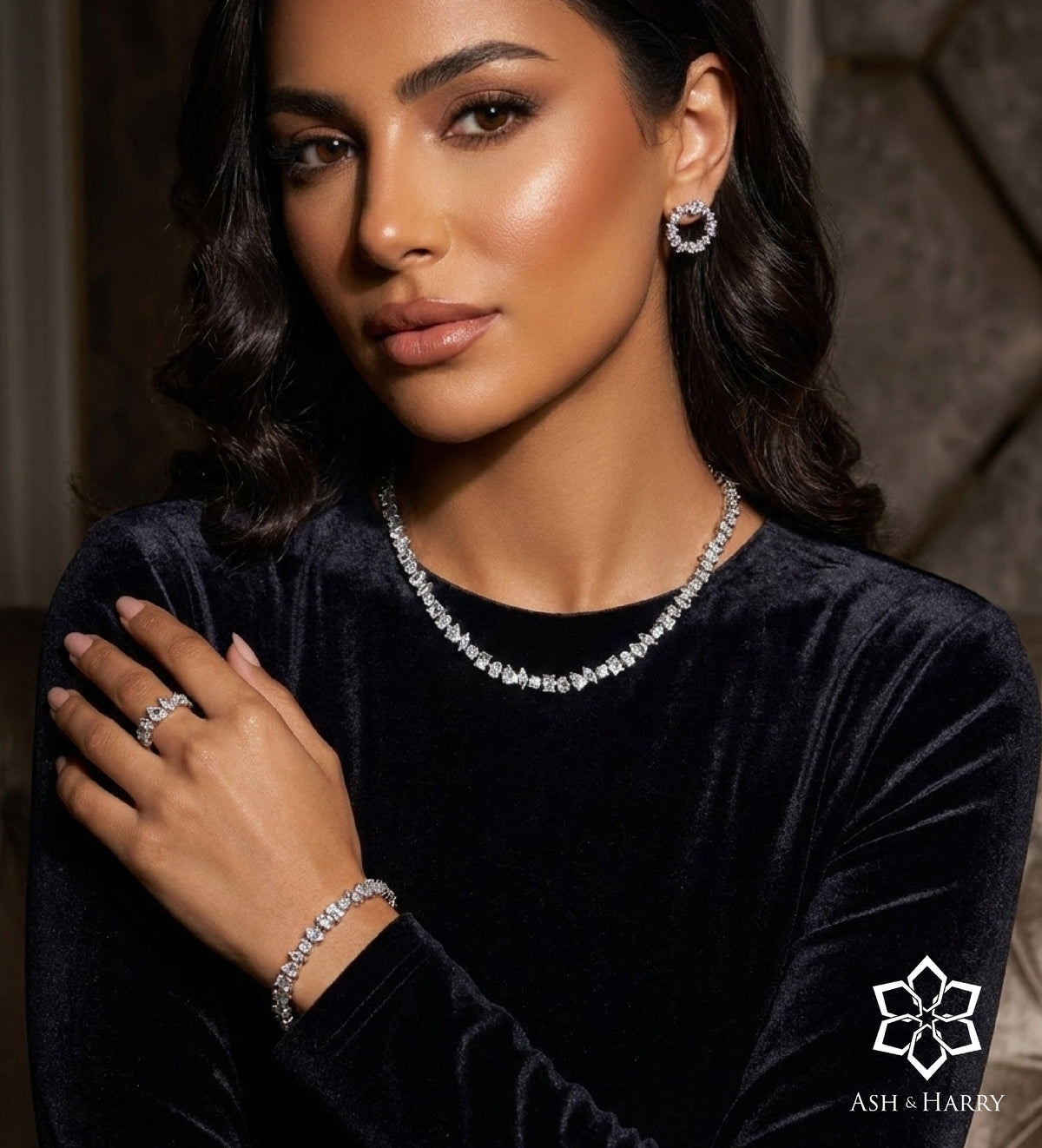Laleh White Luxury Bridal Full Set with High Quality Simulated Stones Rhodium Plated - Ash & Harry
