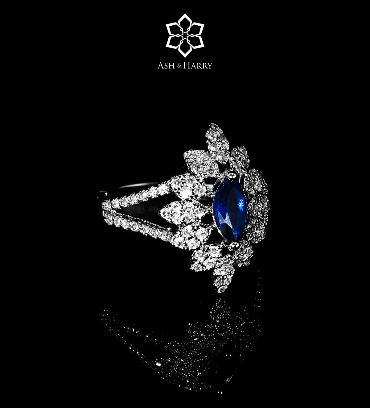 Mahra Royal Blue and White Bridal Full Set with Hand - Set Simulated Sapphires and Diamonds in Rhodium Plated Finish - Ash & Harry