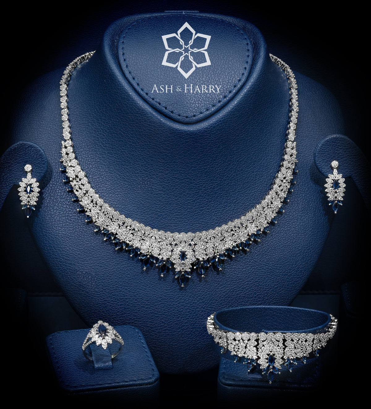 Mahra Royal Blue and White Bridal Full Set with Hand - Set Simulated Sapphires and Diamonds in Rhodium Plated Finish - Ash & Harry