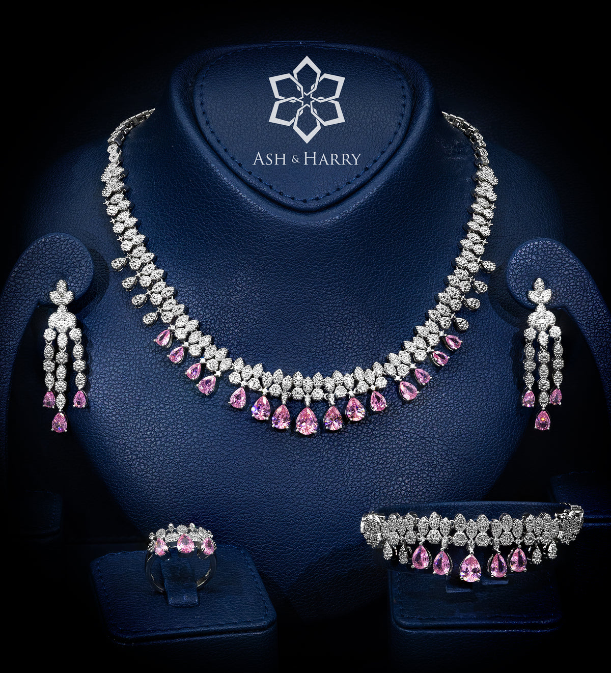 Tuscany Royal Pink Bridal Full Set with Hand - Set Simulated Diamonds, Rhodium Plated - Ash & Harry