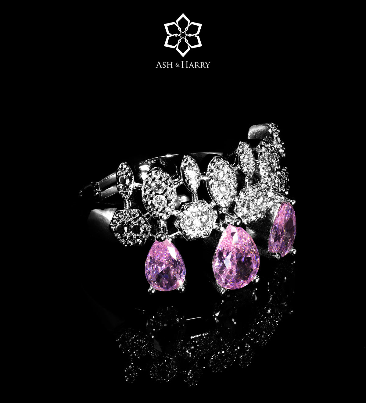 Tuscany Royal Pink Bridal Full Set with Hand - Set Simulated Diamonds, Rhodium Plated - Ash & Harry