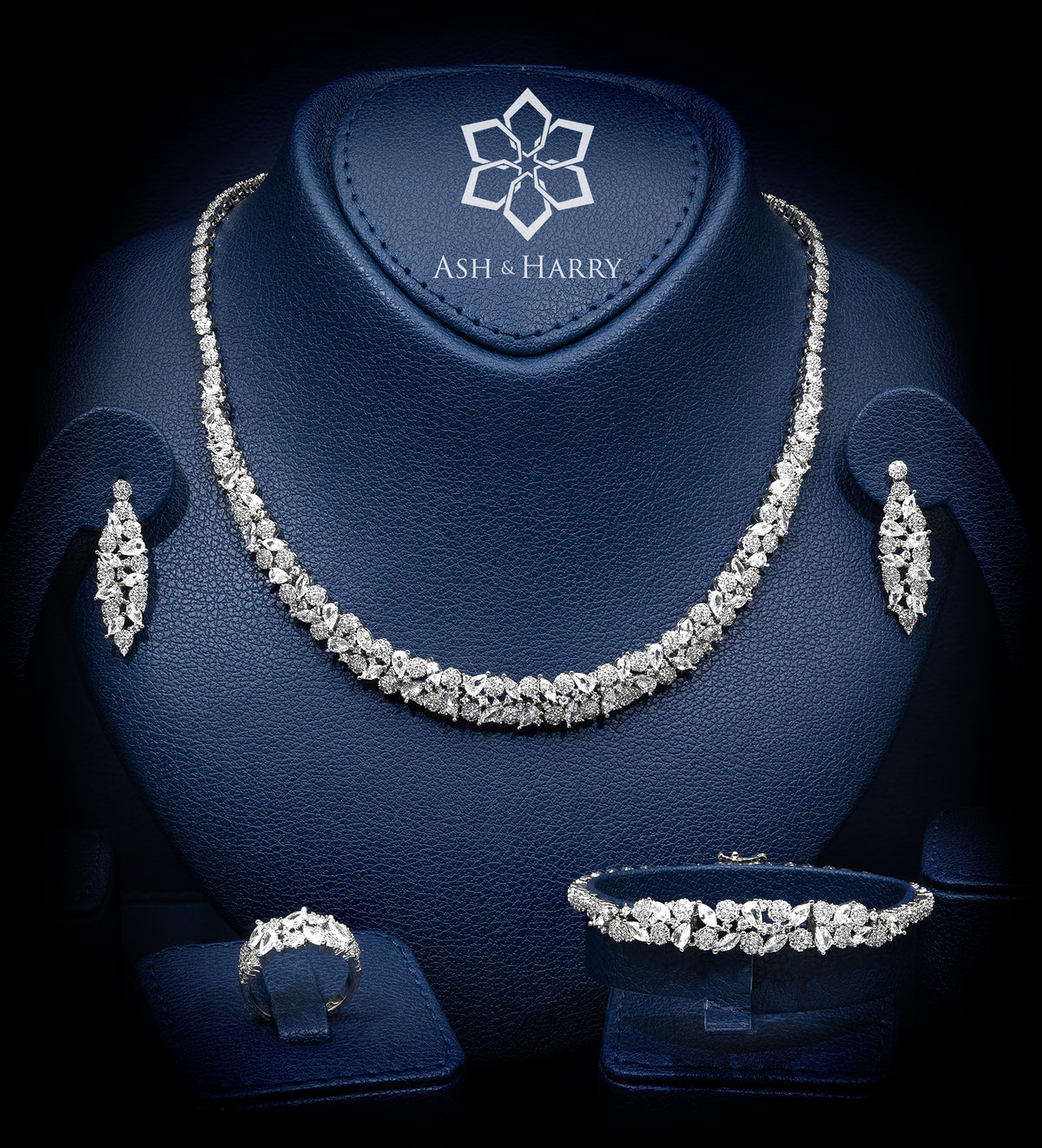 Tuscany Royal White Bridal Full Set with Hand - Set Simulated Diamonds, Rhodium Plated - Ash & Harry