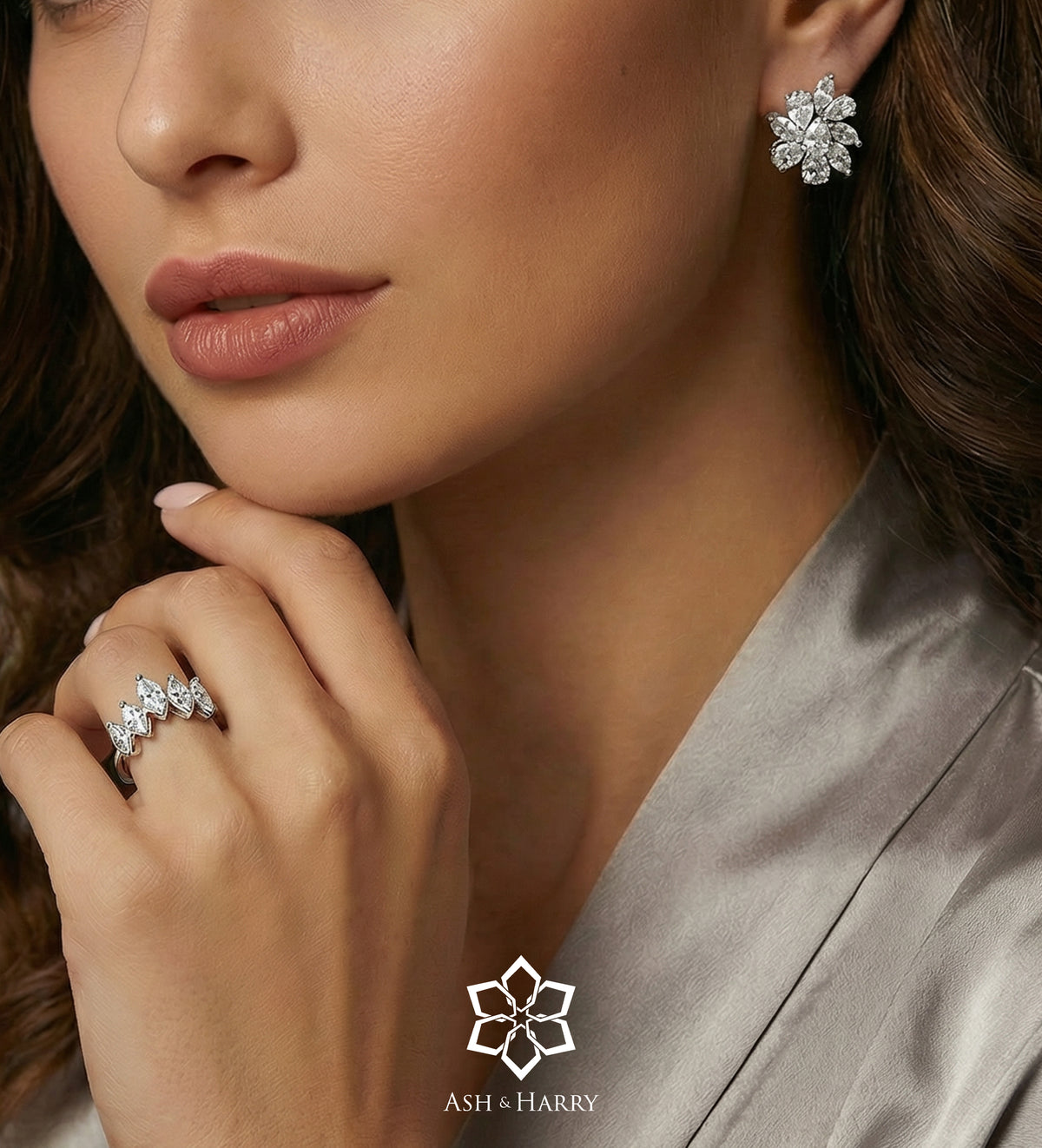 Marquise Cluster Earrings in 925 Silver with High - Quality White Simulated Diamonds - Ash & Harry