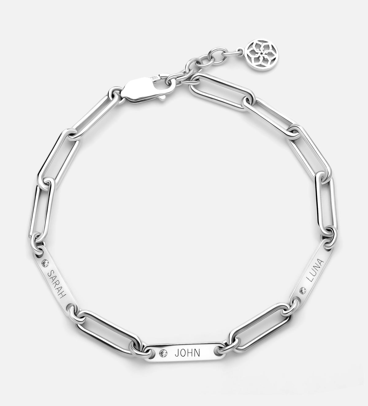 Paperclip Chain Name Bracelet With Lab Diamond in Rhodium Plating on 925 Silver - Ash & Harry