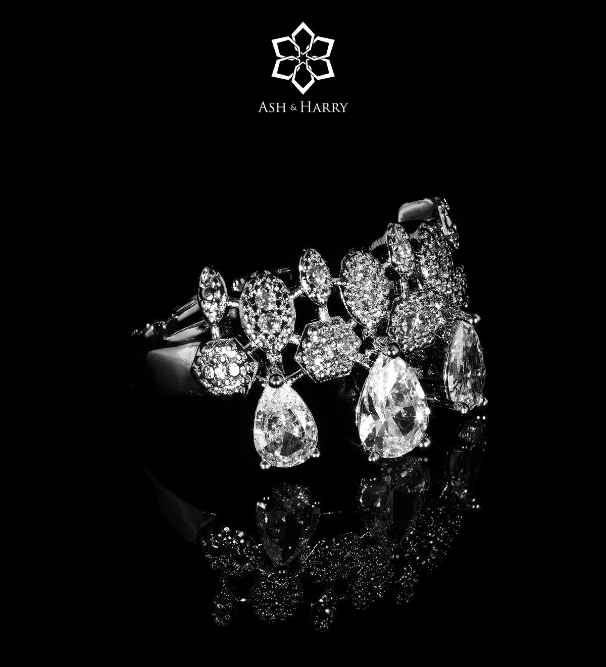 Portofino White Bridal Full Set with Graduated Cluster Centerpiece in Brilliant - Cut Simulated Diamonds, Rhodium Plated - Ash & Harry
