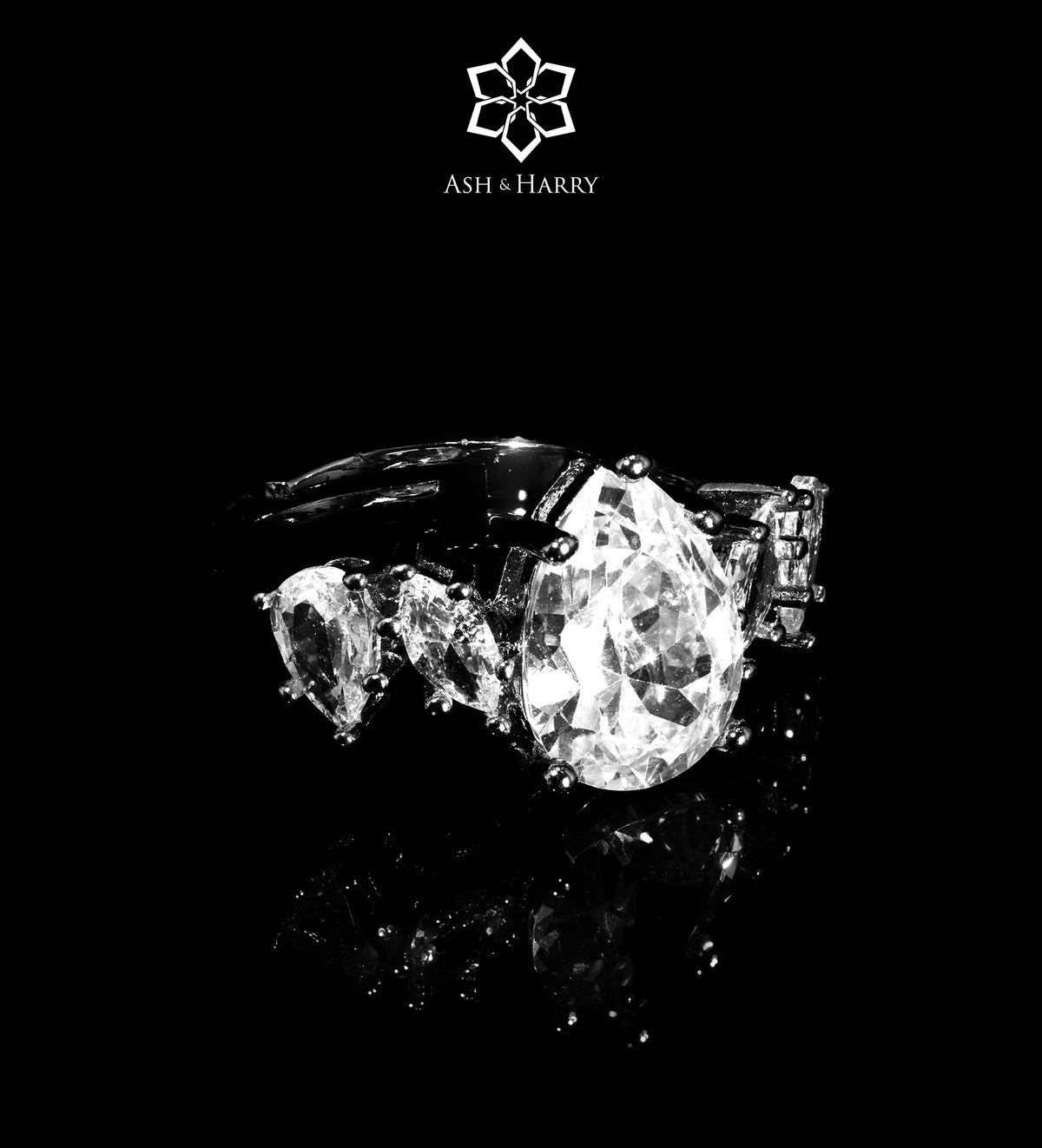 Riviera Signature Pear - Drop Solitaire Bridal Set with Premium Simulated Diamonds in Mirror - Polished Rhodium - Ash & Harry