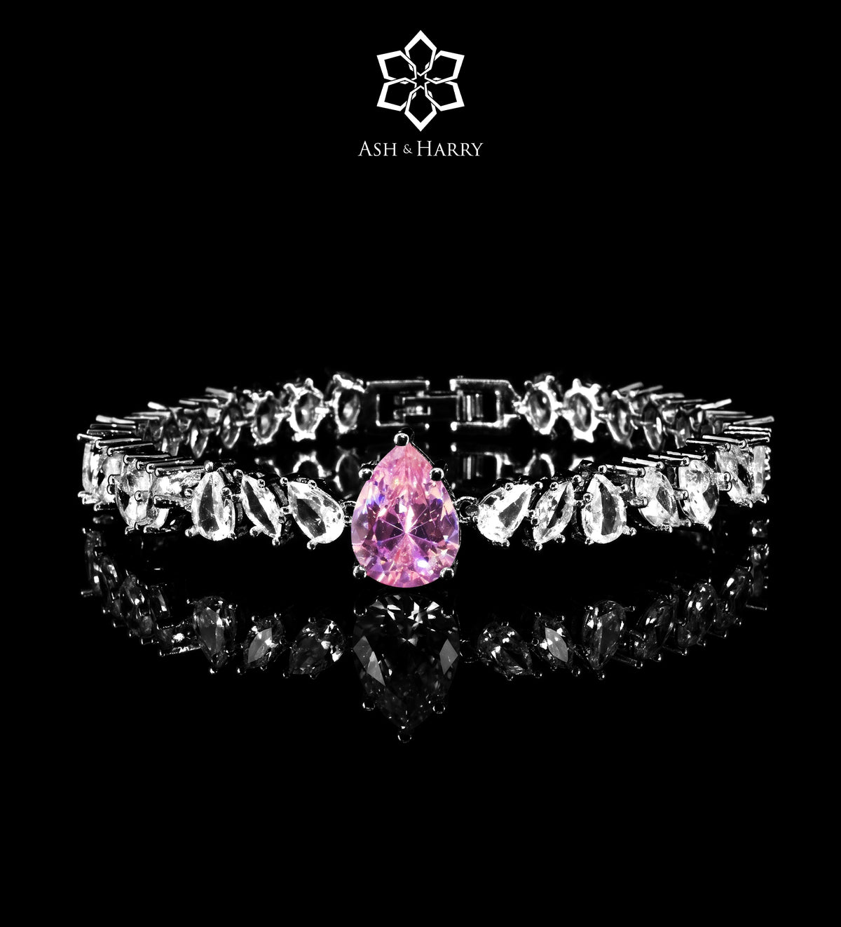 Riviera Signature Pink Pear - Drop Solitaire Bridal Set with Premium Simulated Diamonds in Mirror - Polished Rhodium - Ash & Harry