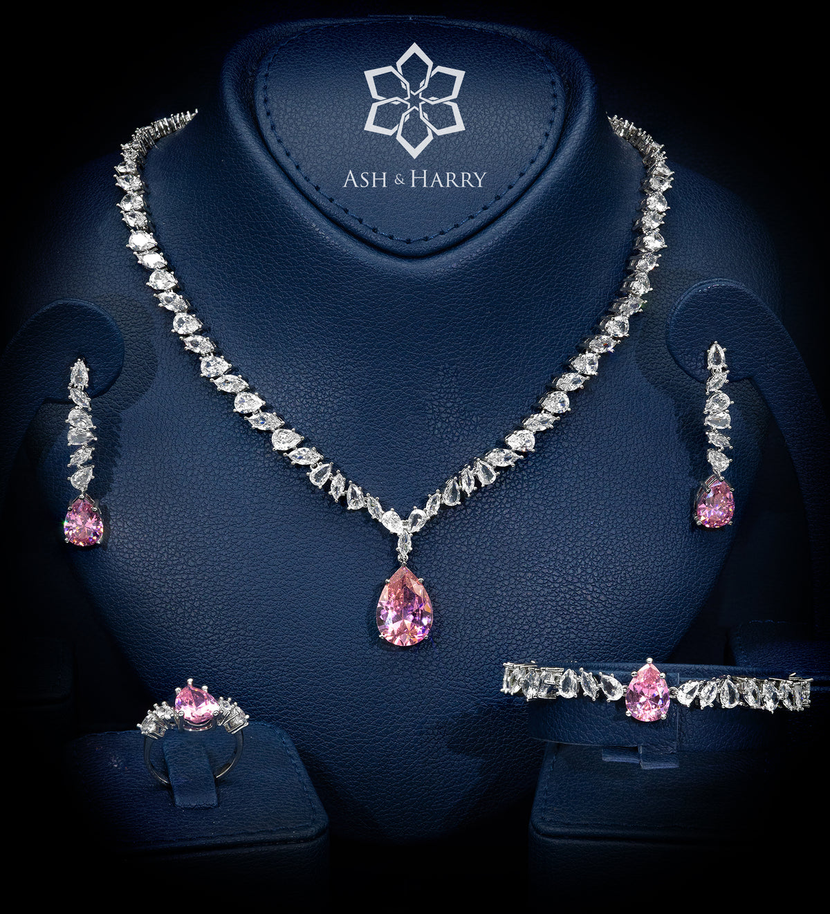 Riviera Signature Pink Pear - Drop Solitaire Bridal Set with Premium Simulated Diamonds in Mirror - Polished Rhodium - Ash & Harry