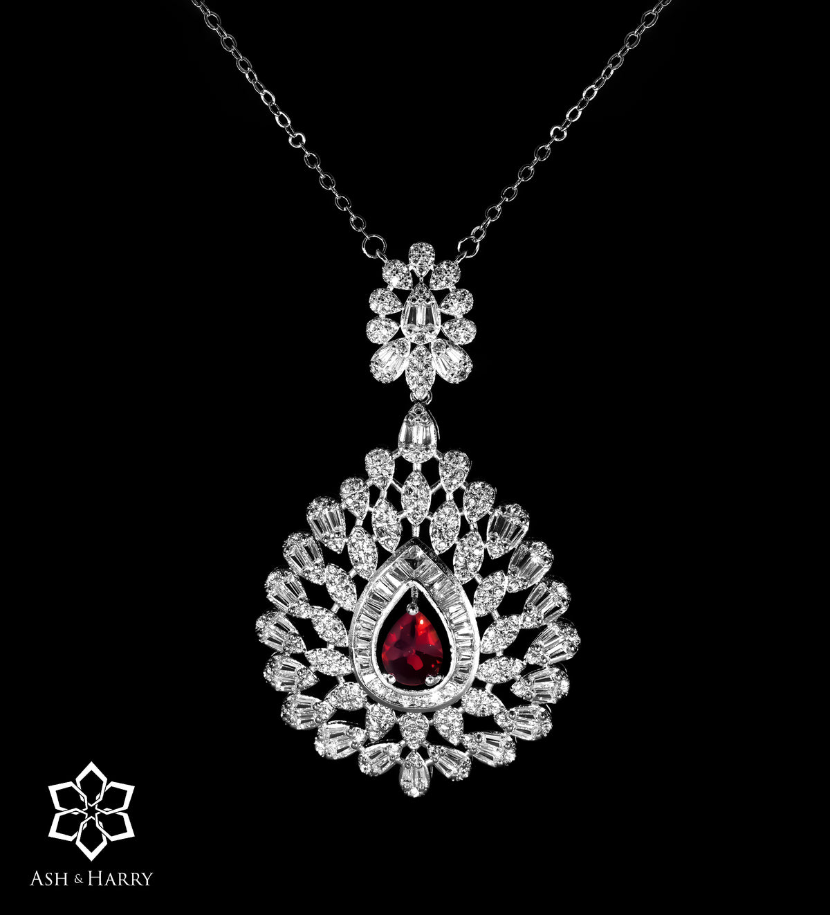 Shahnaz Mughal - Inspired Long Chain Ruby Pendant Set with Brilliant - Cut Simulated Diamonds, Rhodium Plated - Ash & Harry