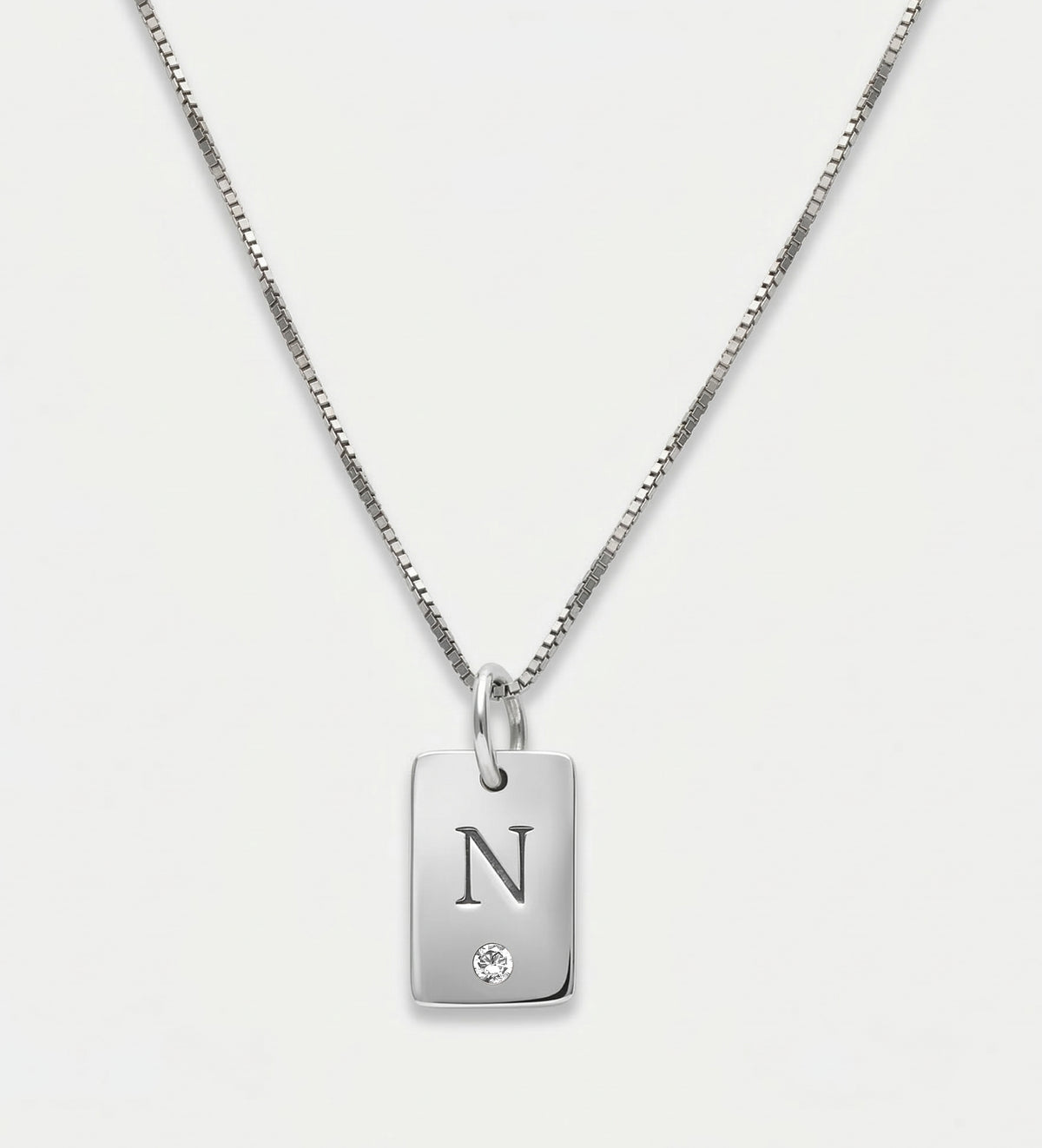 Tag Initial Necklace With Lab Diamond in Rhodium Plating on 925 Silver - Ash & Harry