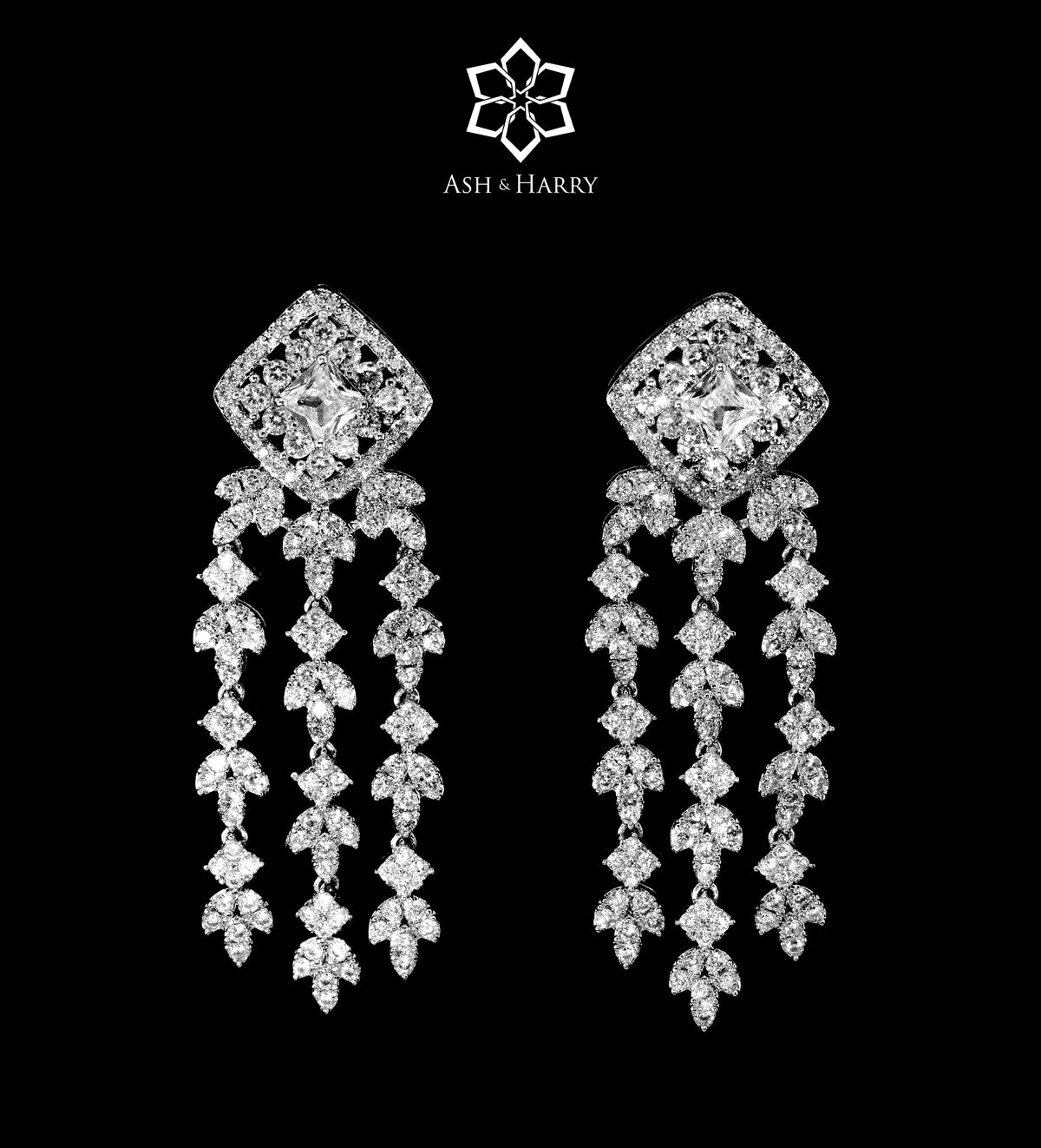 Tassel Line Long Chain Set in High Quality Simulated Diamonds Rhodium Plated - Ash & Harry