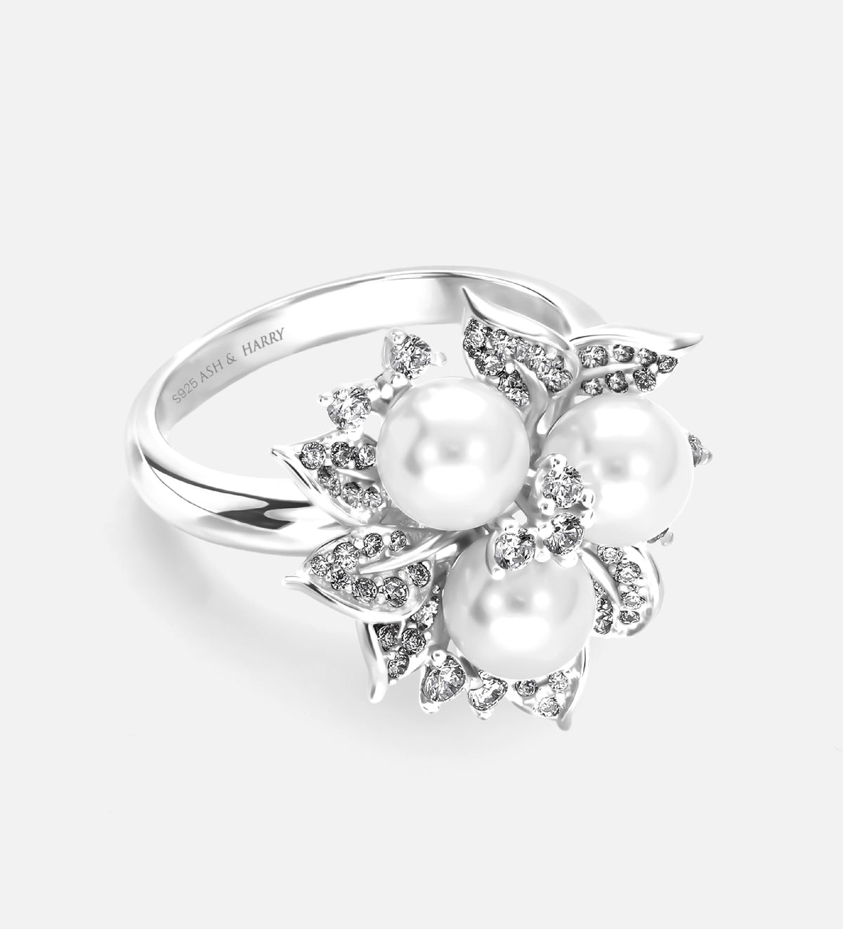 Trio Pearl Bloom Ring With Fresh Water Pearls and High Quality Simulated Diamonds in 925 Silver - Ash & Harry