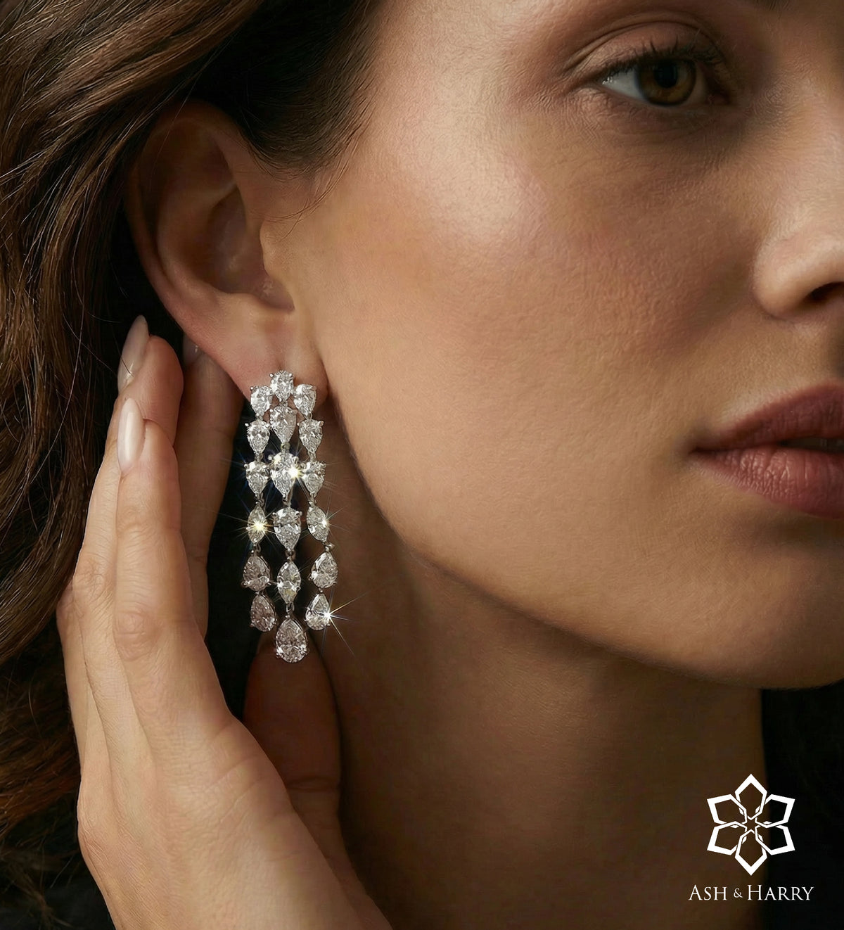 Triple Teardrop Cascade Earrings in 925 Silver with Teardrop - Cut High - Quality Simulated Diamonds - Ash & Harry