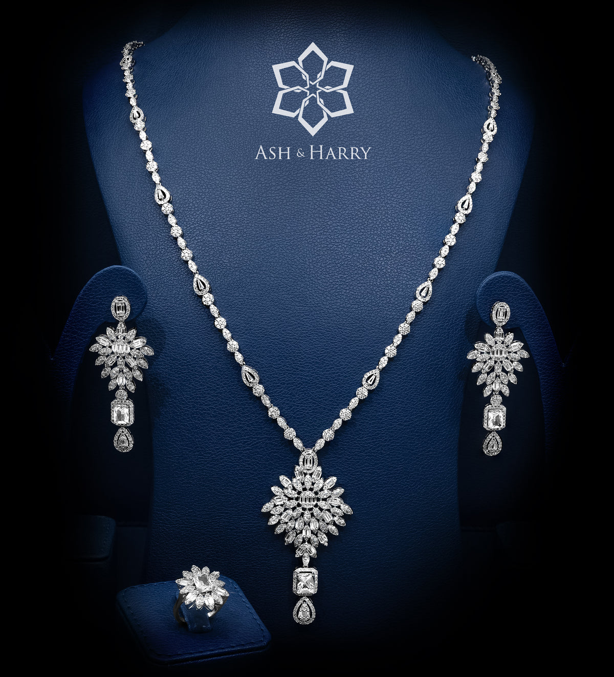 Verona Art Deco Long Chain Statement Set with Emerald - Cut Simulated Diamond Centerpiece in Rhodium Plated Finish - Ash & Harry
