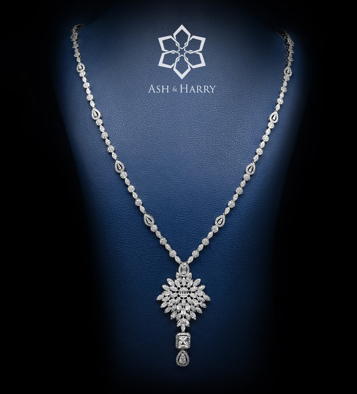 Verona Art Deco Long Chain Statement Set with Emerald - Cut Simulated Diamond Centerpiece in Rhodium Plated Finish - Ash & Harry