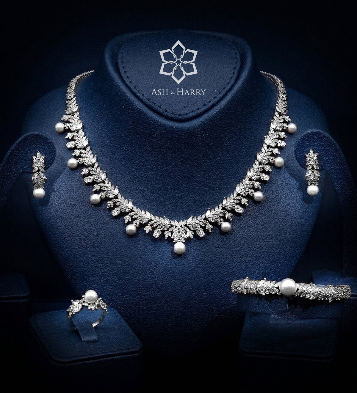 Yasmin Pure White Pearl Luxury Bridal Full Set in High Quality Simulated Diamonds Rhodium Plated - Ash & Harry