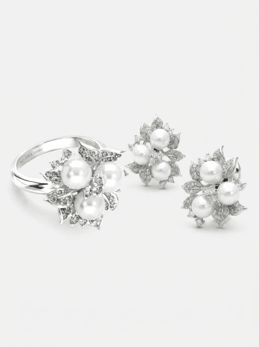 Trio Pearl Bloom Full Set in Silver - 2 Items - Ash & Harry