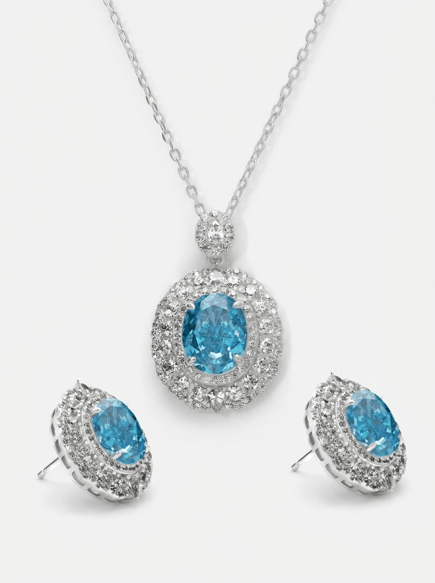 Aquamarine Halo Full Set in Silver - 2 Items - Ash & Harry