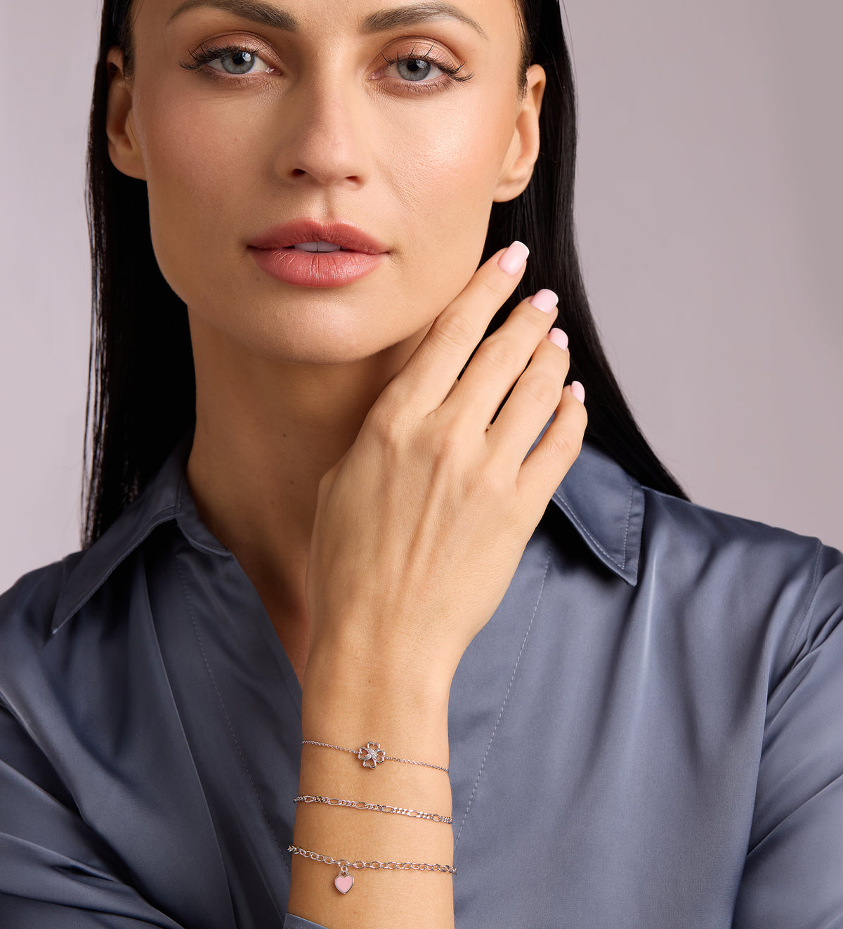Pink Heart Chain Bracelet in Rhodium Plating on 925 Silver - Ash & Harry