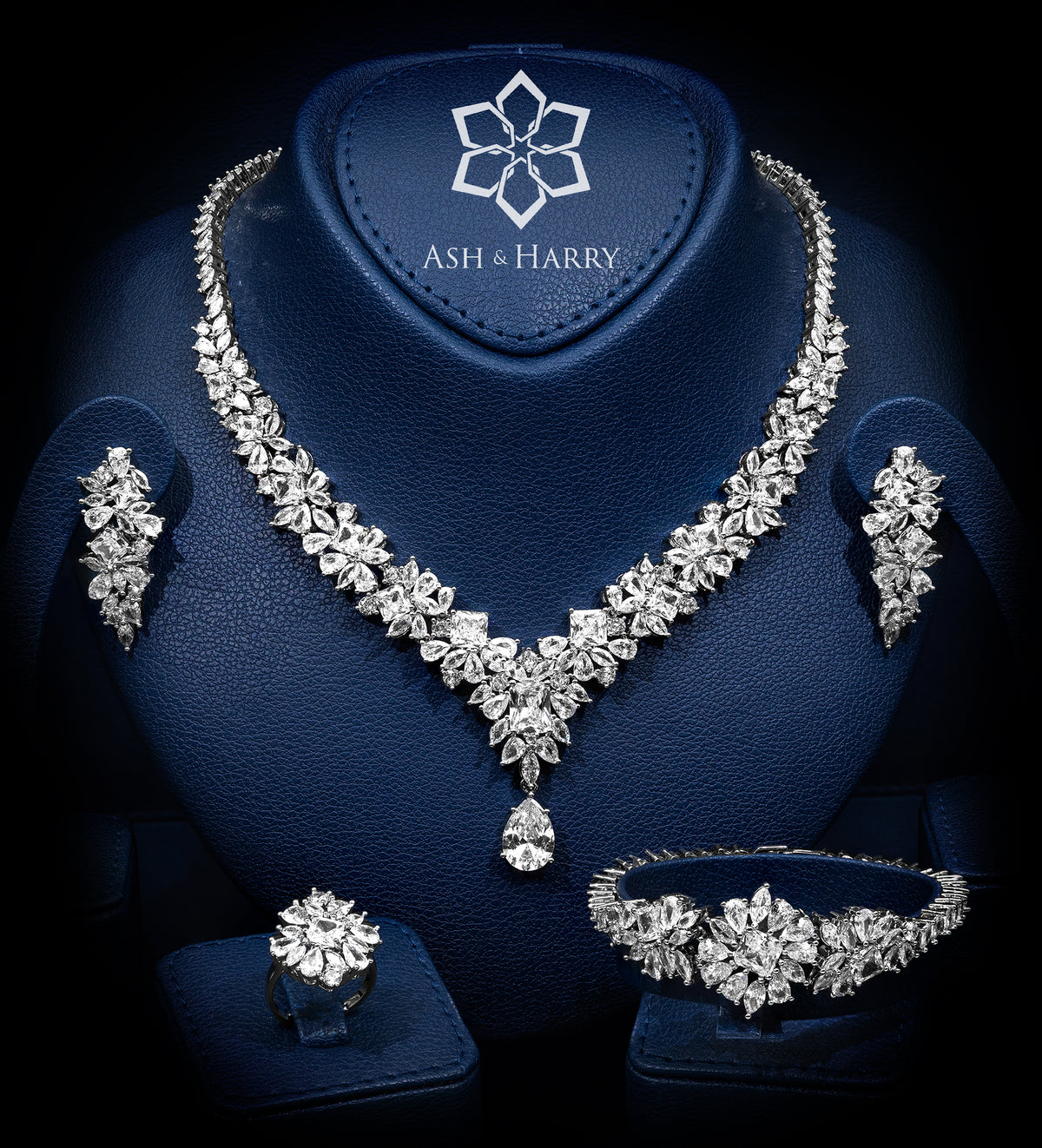 Andalusia Royal White Bridal Full Set with Cushion - Cut Simulated Rubies in Hand - Set Simulated Diamonds, Rhodium Plated - Ash & Harry