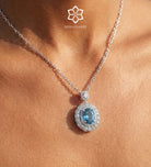 Aquamarine Halo Pendant in 925 Silver High Quality Simulated Diamonds and Crafted Pear - Cut Aquamarine Stone - Ash & Harry