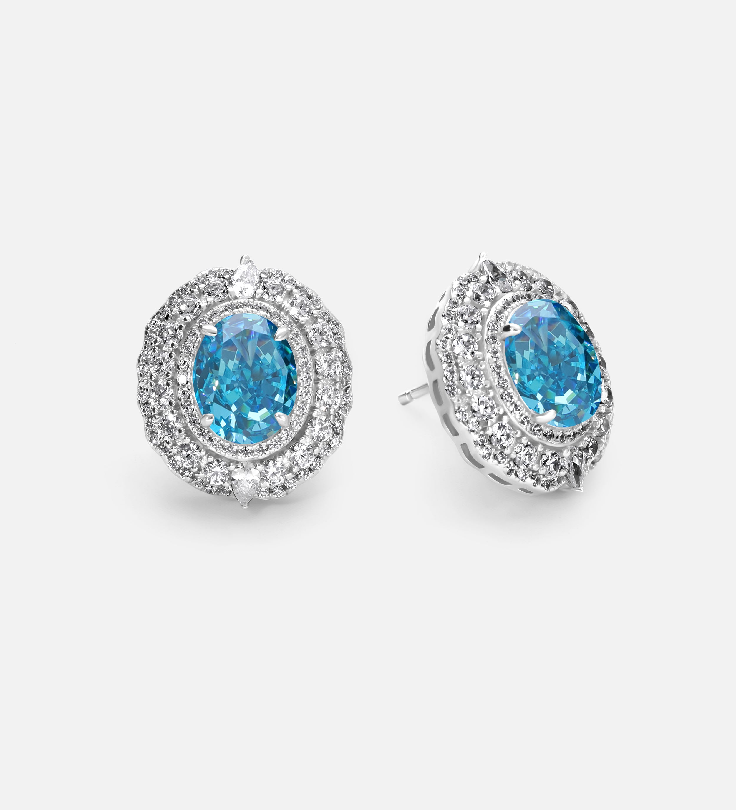 Aquamarine Halo Studs in 925 Silver High Quality Simulated Diamonds and Crafted Pear - Cut Aquamarine Stones - Ash & Harry