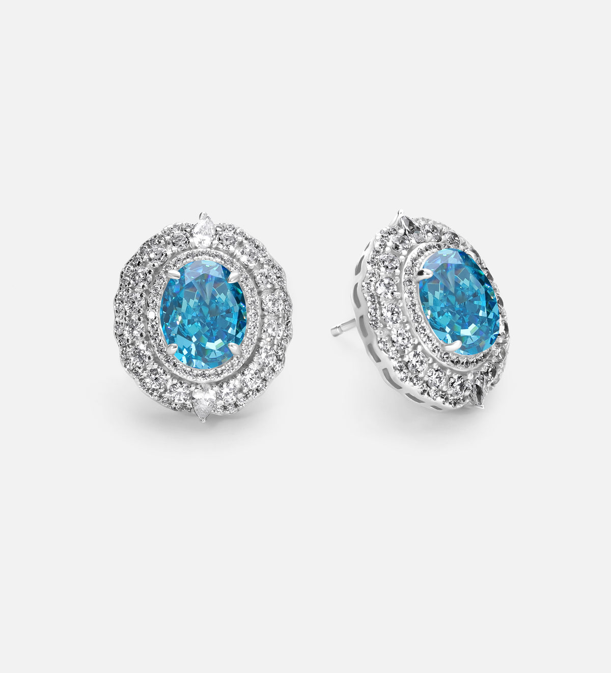 Aquamarine Halo Studs in 925 Silver High Quality Simulated Diamonds and Crafted Pear - Cut Aquamarine Stones - Ash & Harry