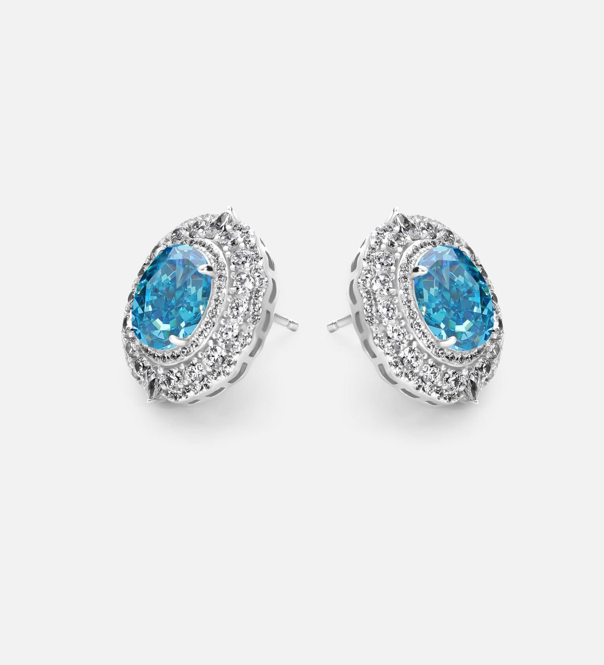 Aquamarine Halo Studs in 925 Silver High Quality Simulated Diamonds and Crafted Pear - Cut Aquamarine Stones - Ash & Harry