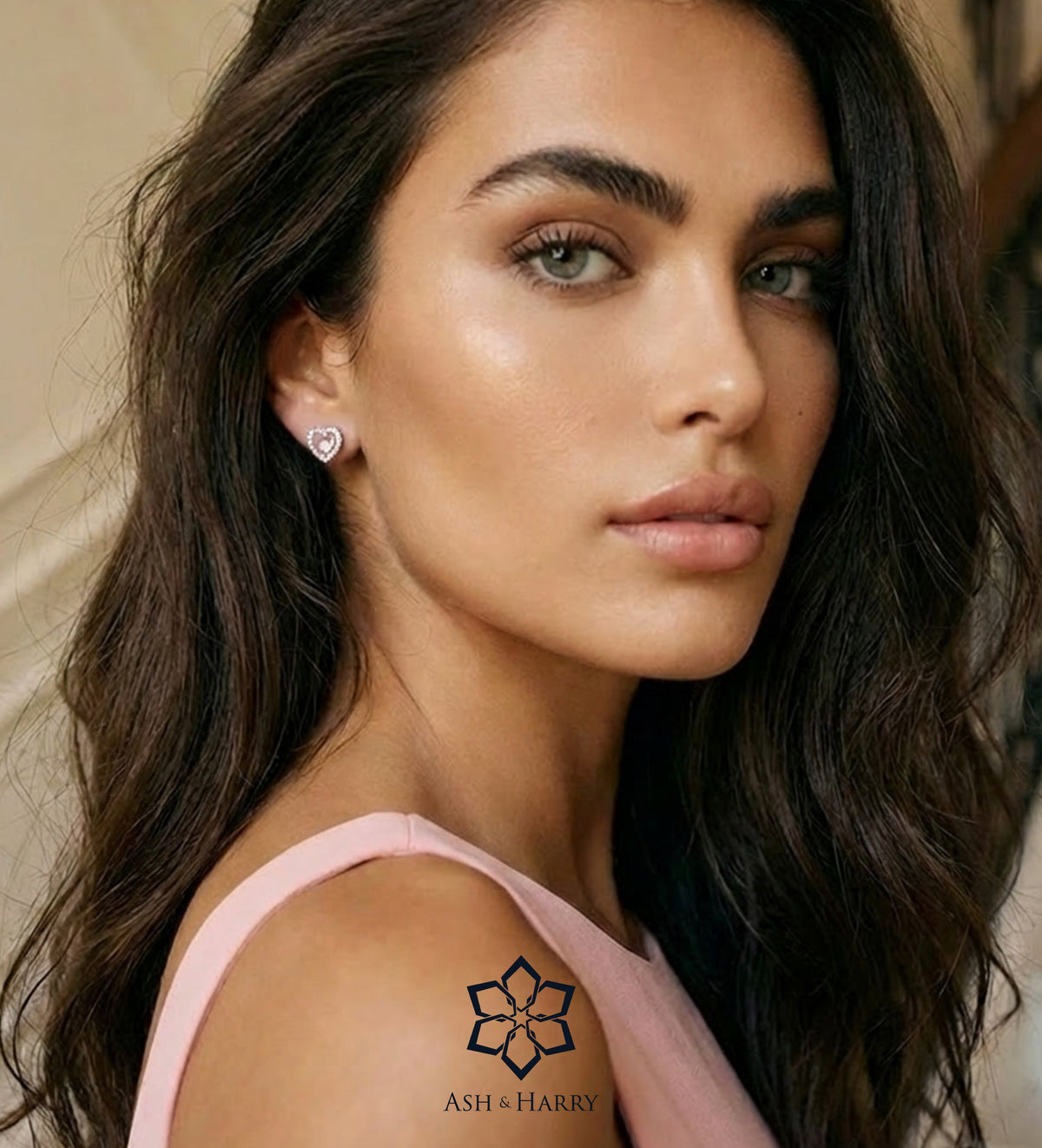 Blushing Heart Halo Studs in 925 Silver with High - Quality White Simulated Diamonds - Ash & Harry