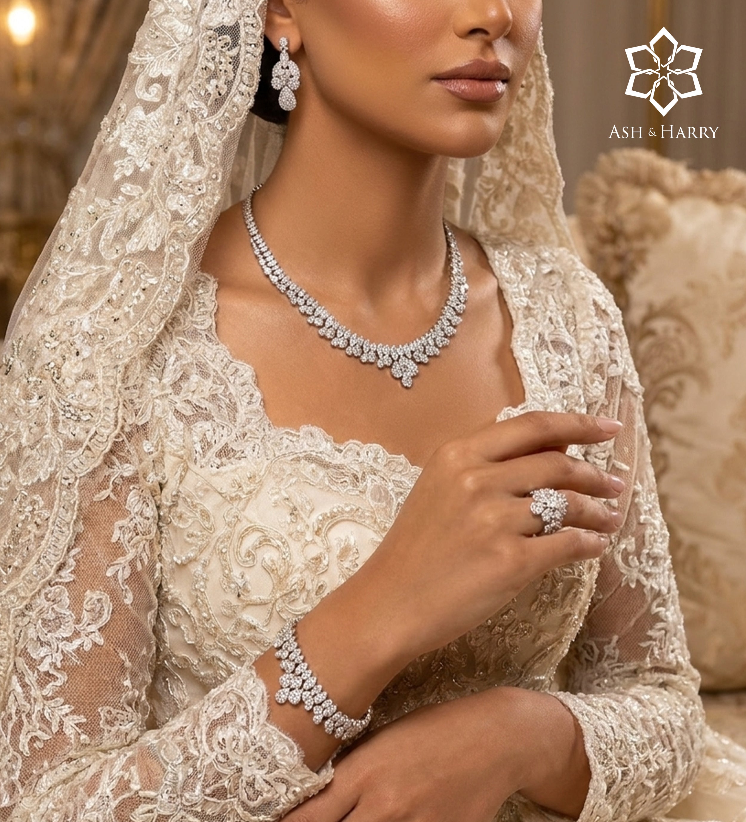 Celeste Drop Bridal Set in High Quality Simulated Diamonds Rhodium Plated - Ash & Harry