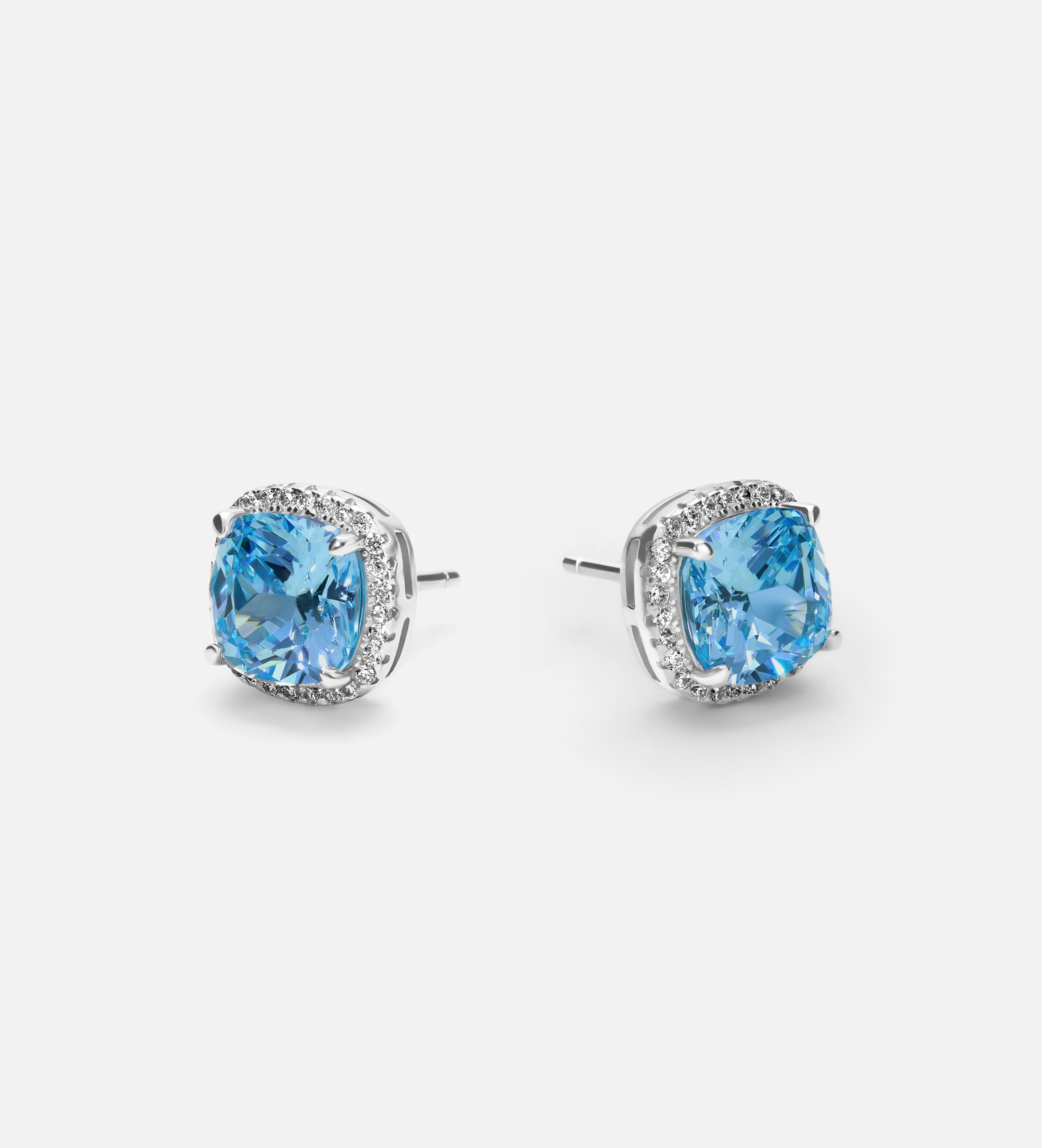 Celestial Blue Cushion Studs in 925 Silver High Quality Simulated Diamonds and Aquamarine Stone - Ash & Harry