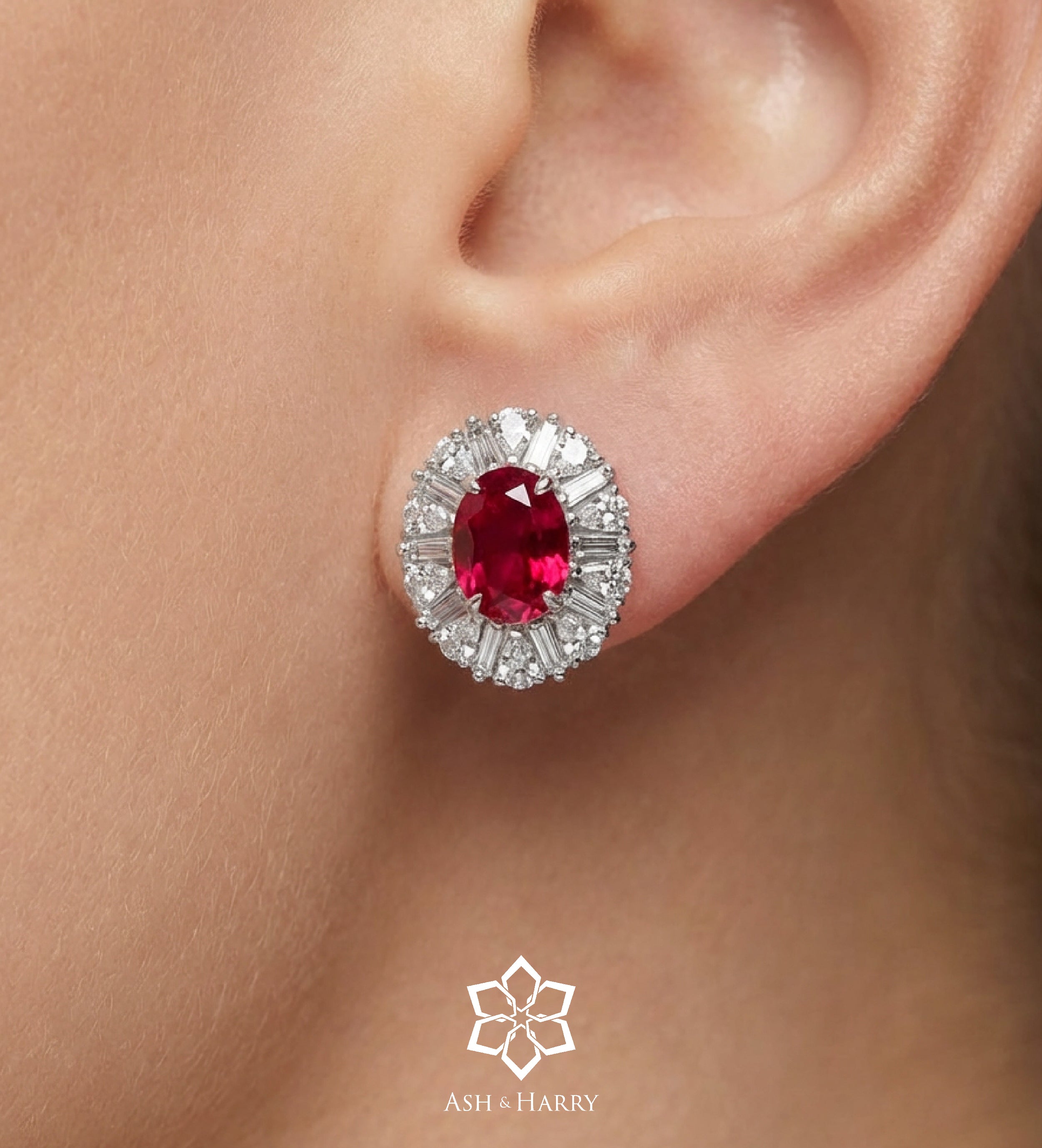 Classic Ruby Glow Studs in 925 Silver High Quality Simulated Diamonds and Crafted Ruby Stones - Ash & Harry