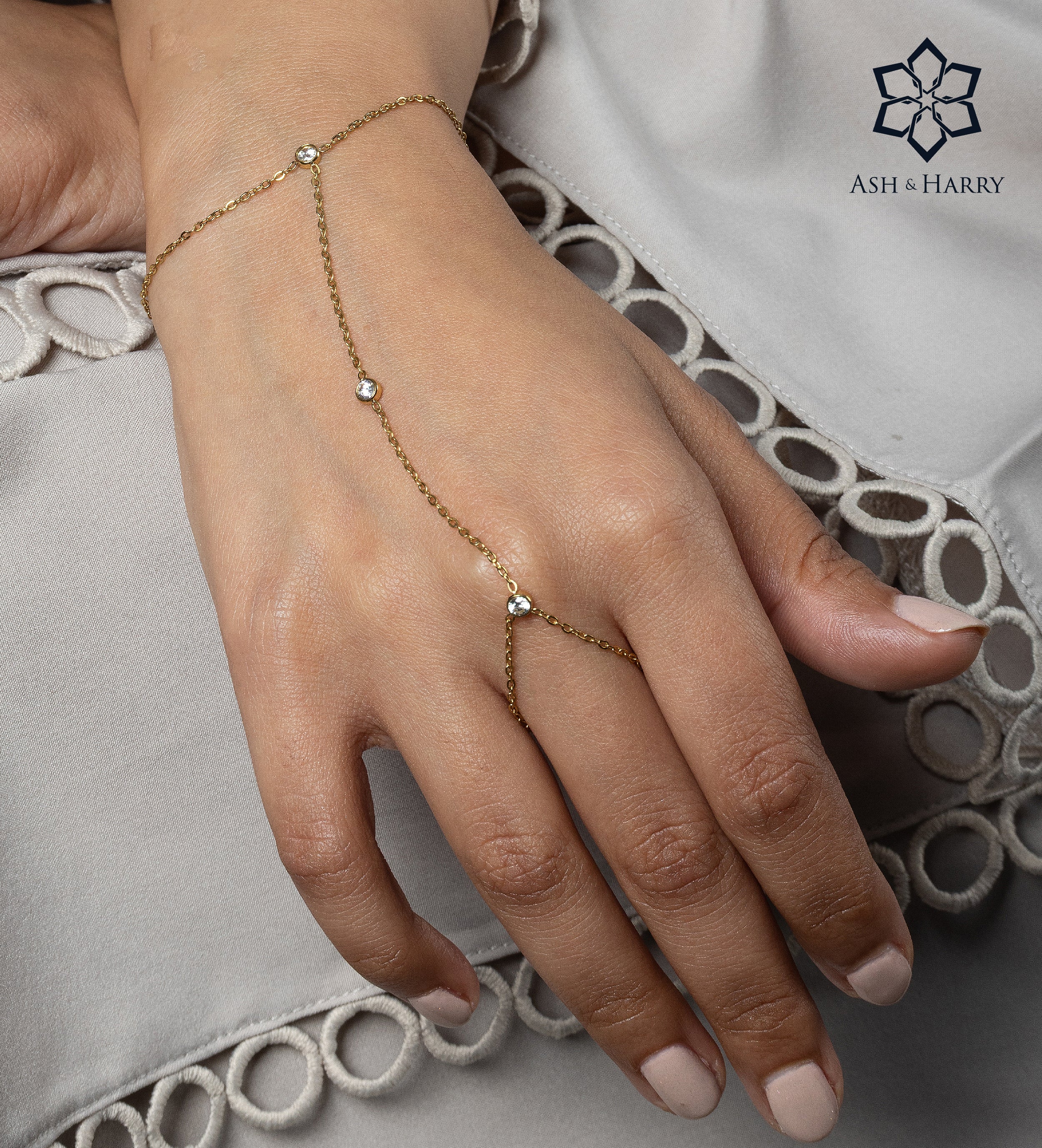 Crystal Link Hand Chain in Gold With High Quality Simulated Diamonds - Ash & Harry