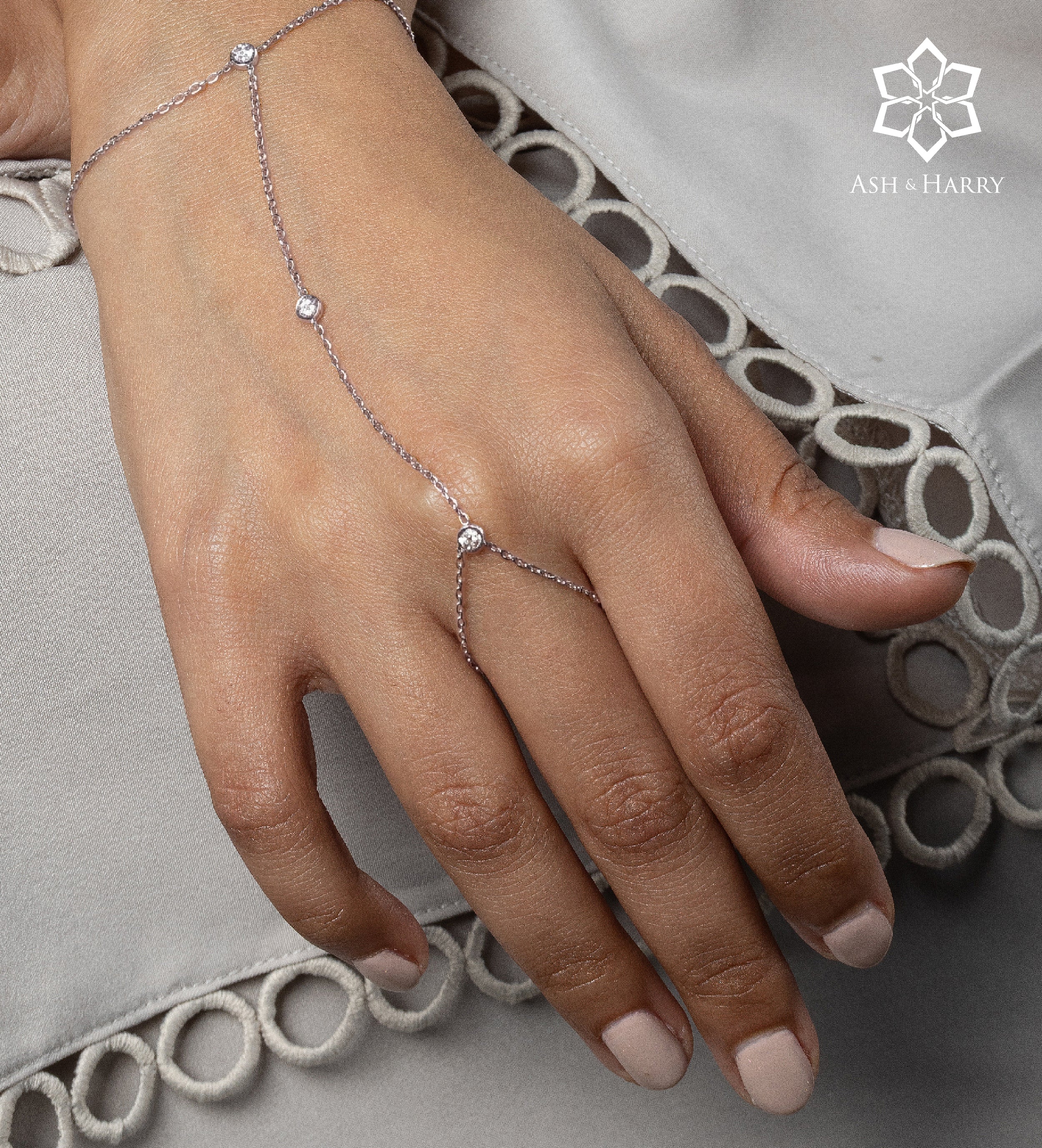 Crystal Link Hand Chain in Silver With High Quality Simulated Diamonds - Ash & Harry