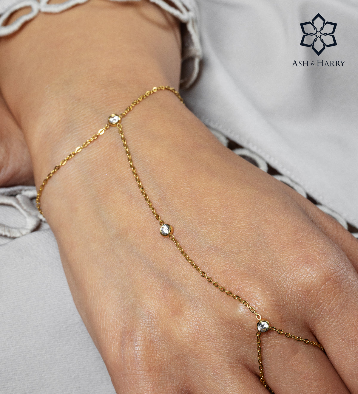Crystal Link Hand Chain in Gold With High Quality Simulated Diamonds - Ash & Harry