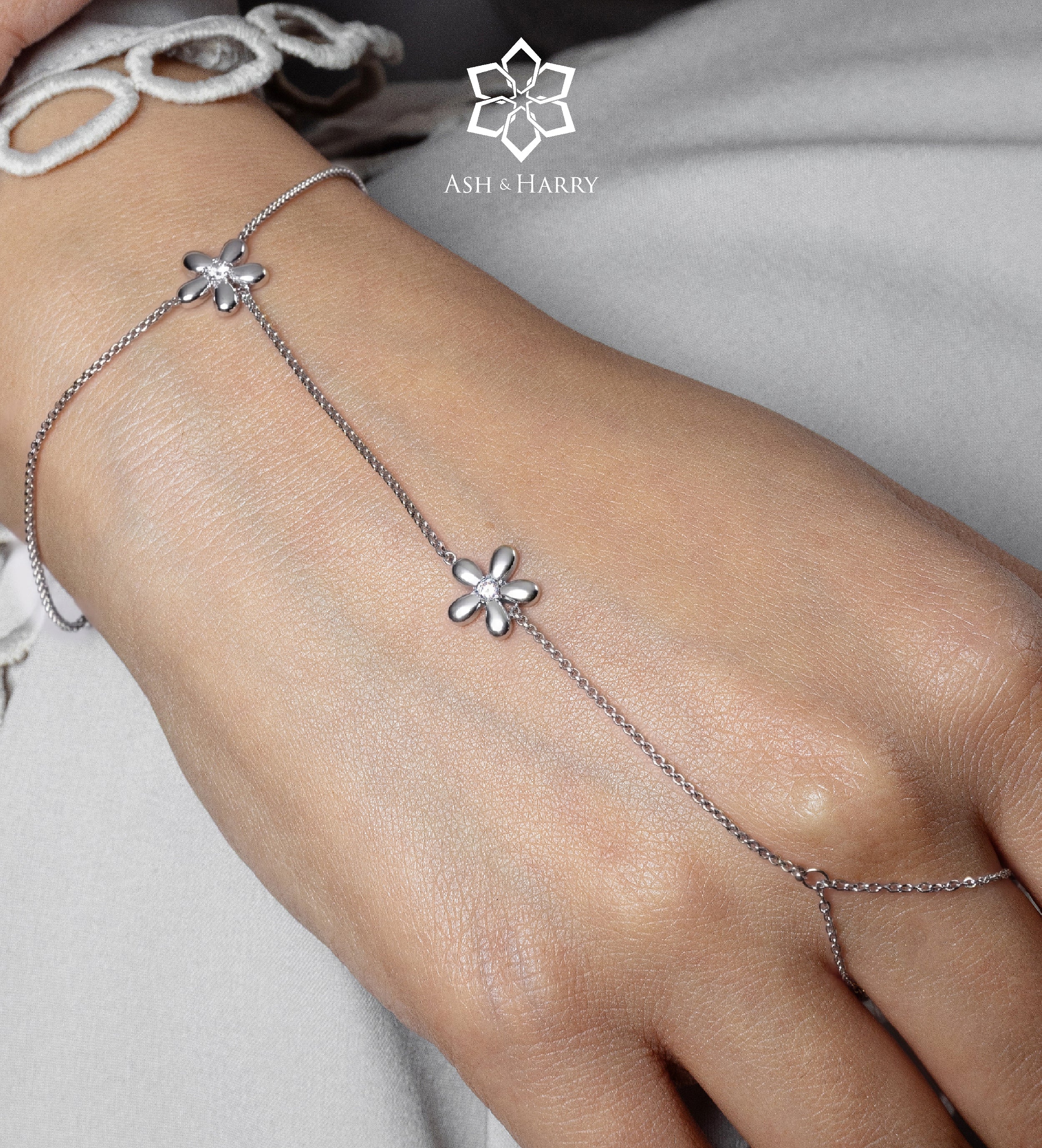 Daisy Link Hand Chain in Silver With High Quality Simulated Diamonds - Ash & Harry