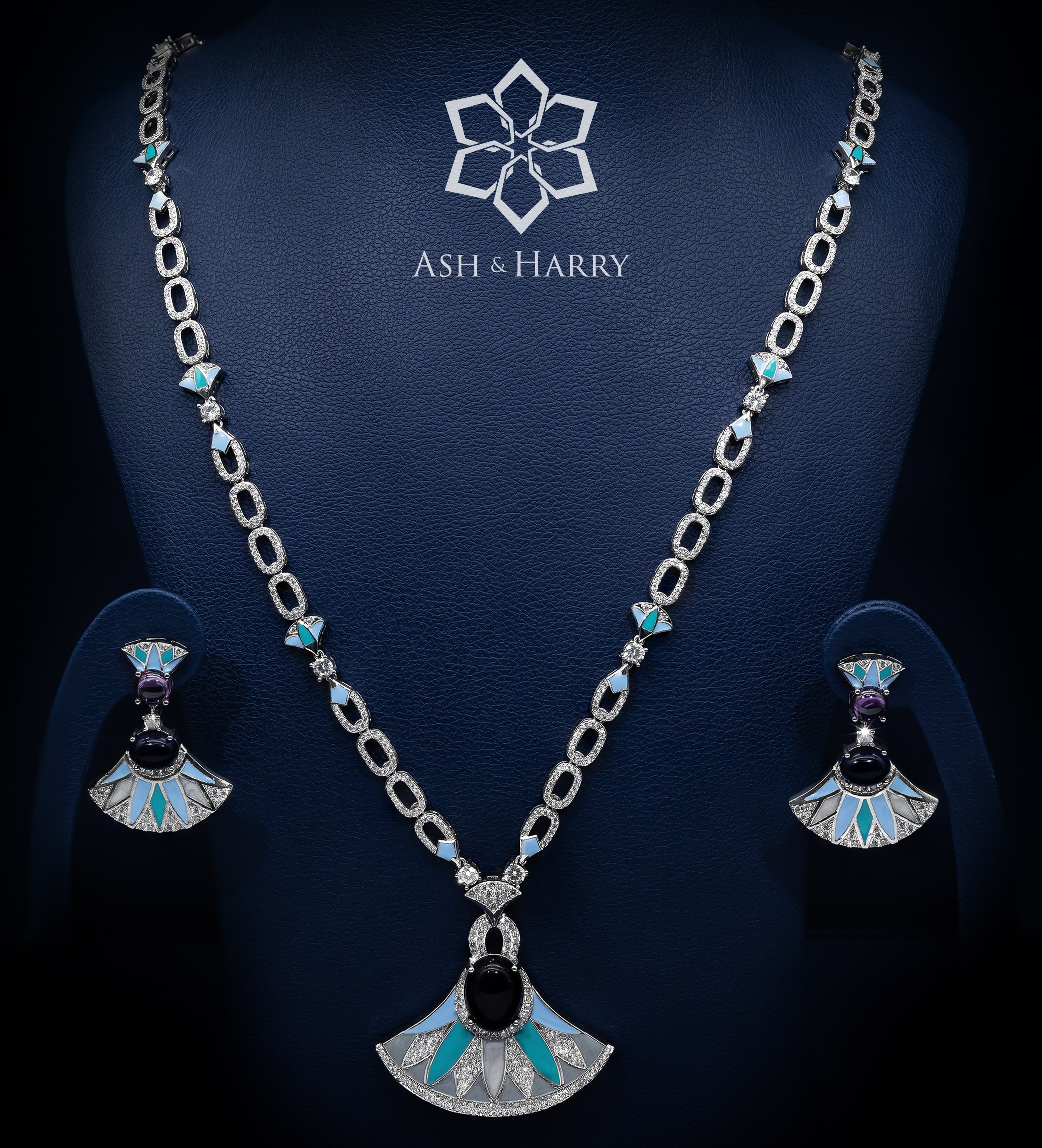 Deco Dream Long chain Set in High Quality Simulated Diamonds Rhodium Plated - Ash & Harry