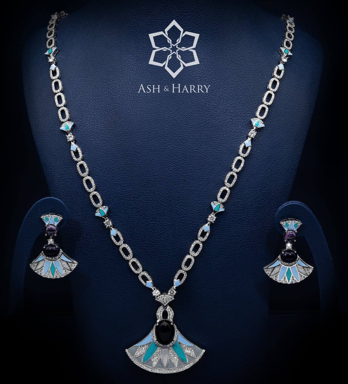 Deco Dream Long chain Set in High Quality Simulated Diamonds Rhodium Plated - Ash & Harry