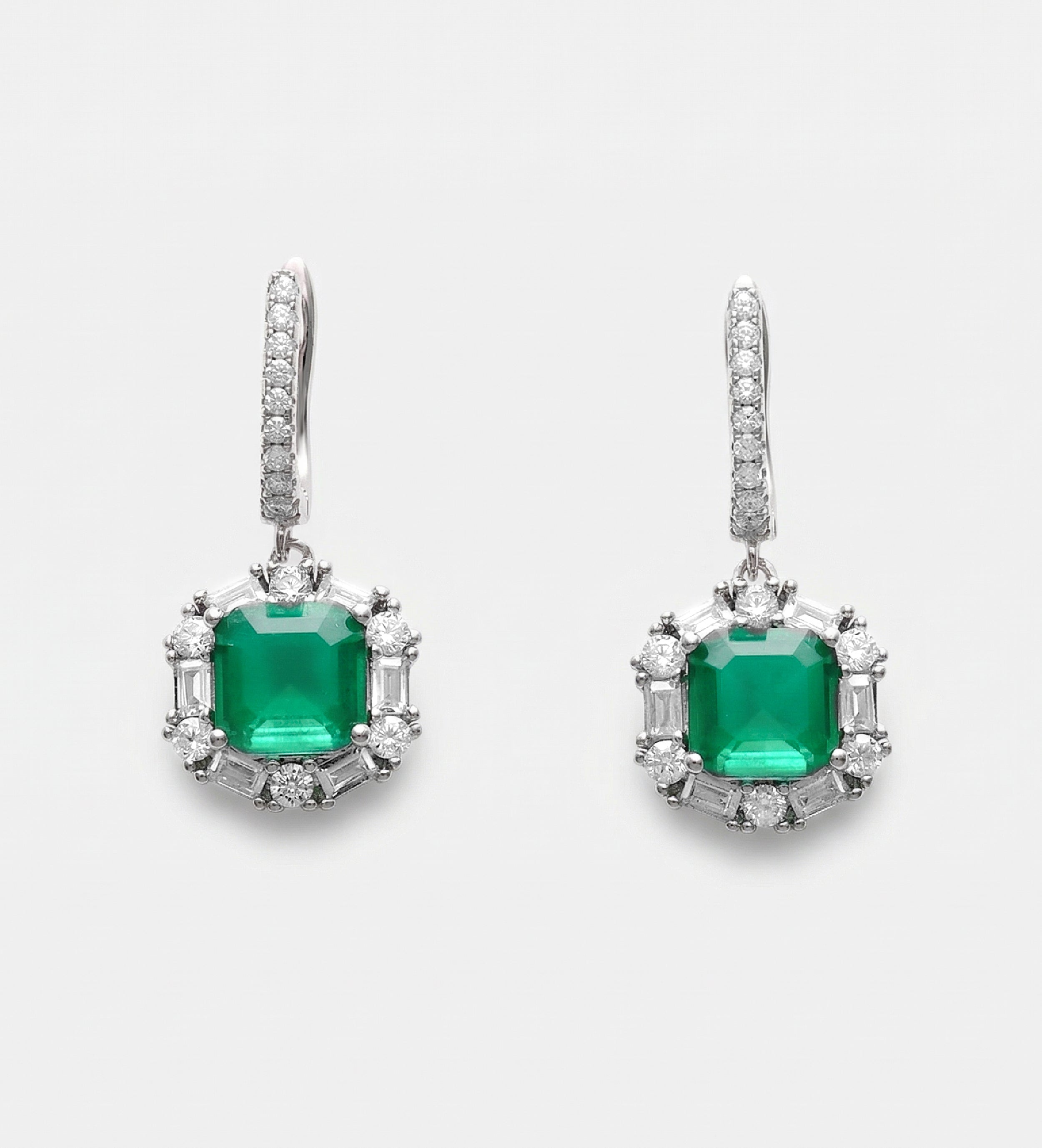 Emerald Halo Drop Earrings in Rhodium Plating on 925 Silver - Ash & Harry