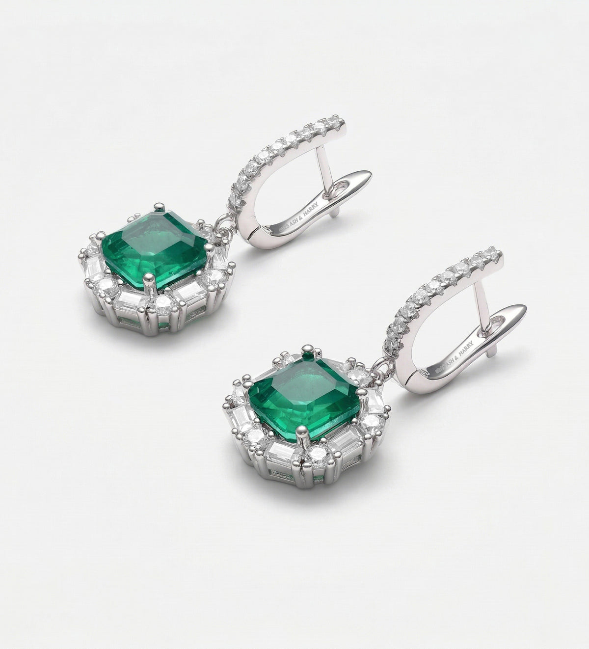 Emerald Halo Drop Earrings in Rhodium Plating on 925 Silver - Ash & Harry